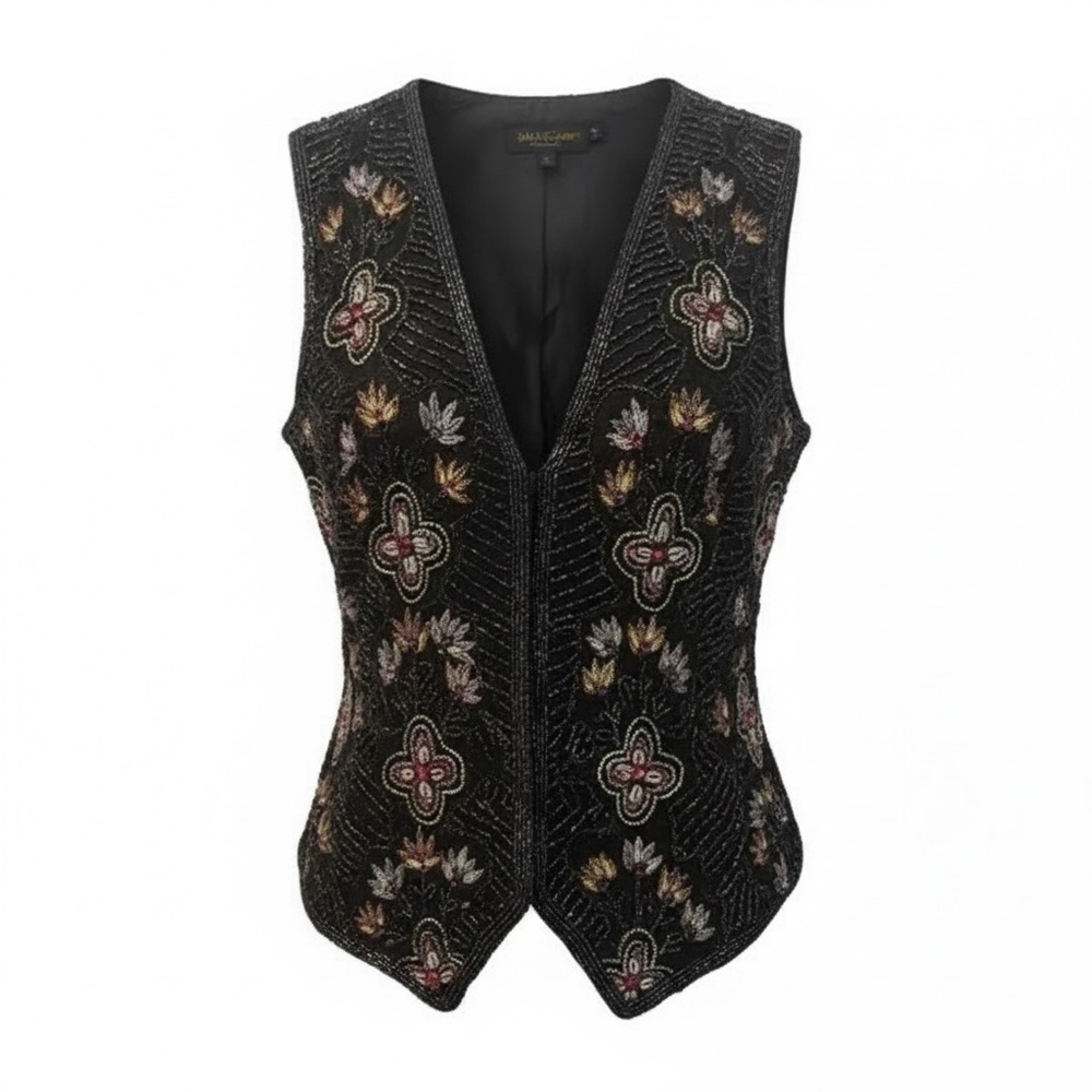 Vintage 90s Silk Other Destination Sequin, Rhinestone  Black‎ Beaded Vest, Small